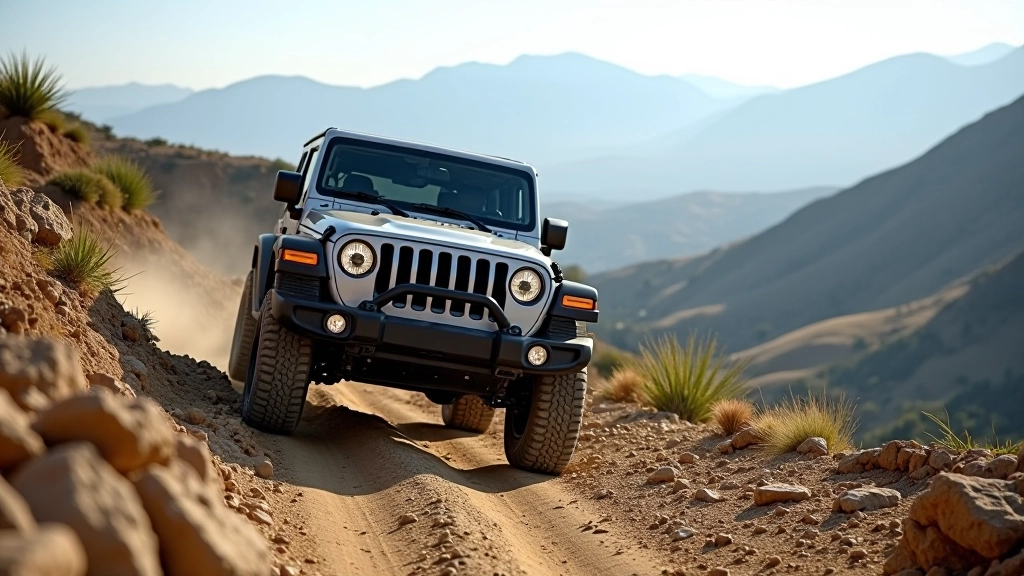 Wide-angle view of 4x4 vehicle ascending steep rocky hill demonstrating proper line selection and body positioning on uneven terrain