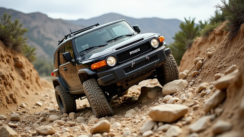 Vehicle descending rocky slope in daylight, showing proper tire contact and suspension articulation