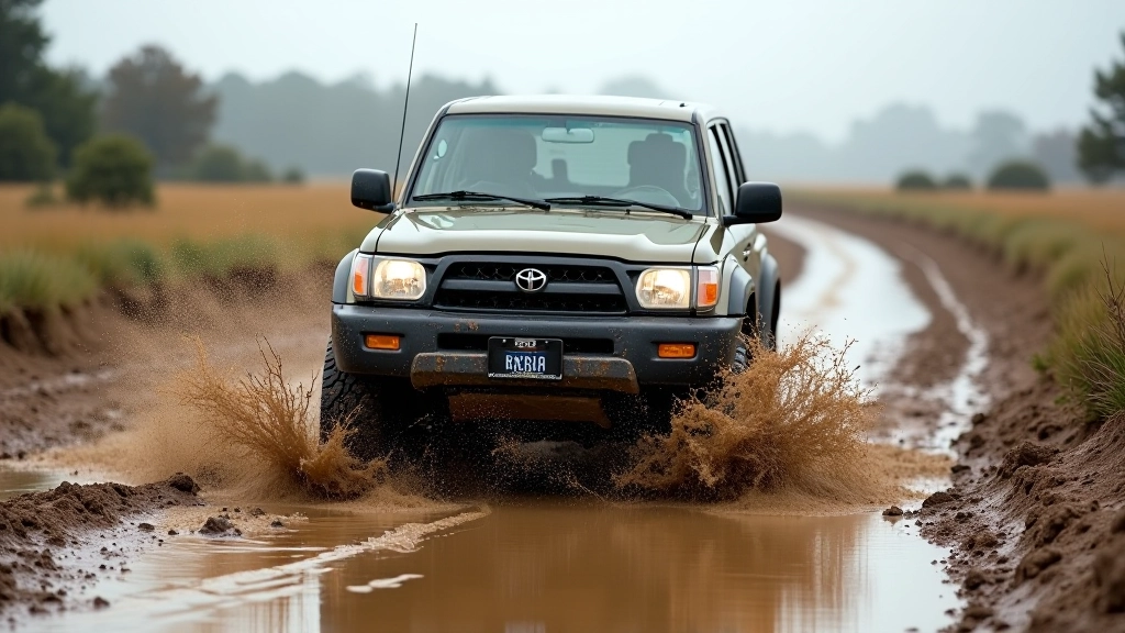 Vehicle maintaining steady momentum while driving through muddy terrain with water puddles