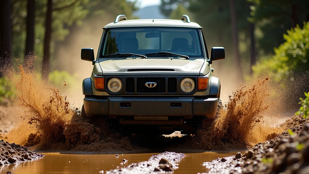 Vehicle navigating through deep mud and water crossings on forest trail