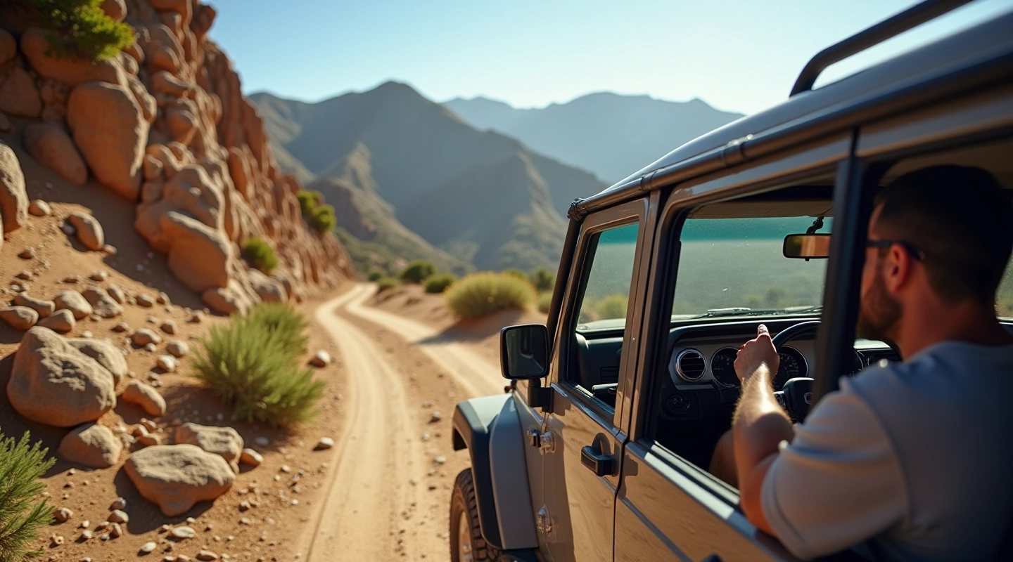 Rugged 4x4 vehicle navigating rocky mountain trail with experienced driver