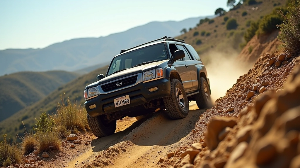 Vehicle descending steep rocky hillside with control, demonstrating hill descent technique