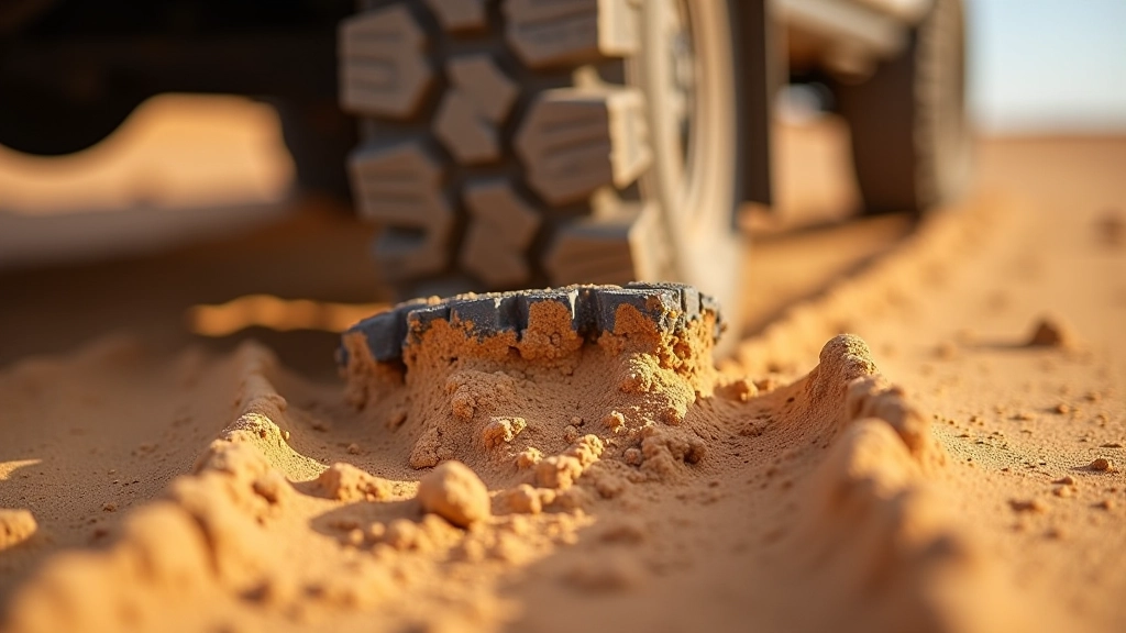 Close-up of 4x4 tire tread on sandy desert surface showing traction pattern