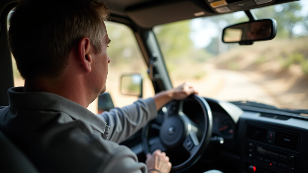Driver's hands on steering wheel showing proper grip technique during off-road navigation with rocky terrain visible ahead