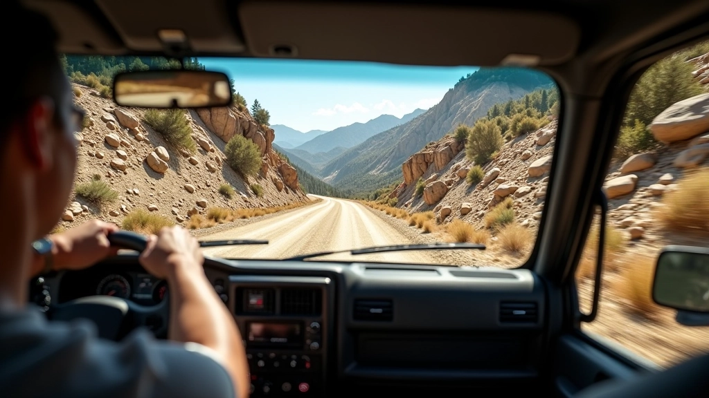 Driver's view from steep mountain road descending toward valley, showing line choice through rocky terrain