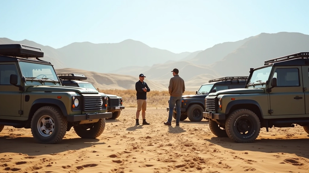 Group of four off-road vehicles parked in circle on remote trail with drivers standing between vehicles discussing route and conditions