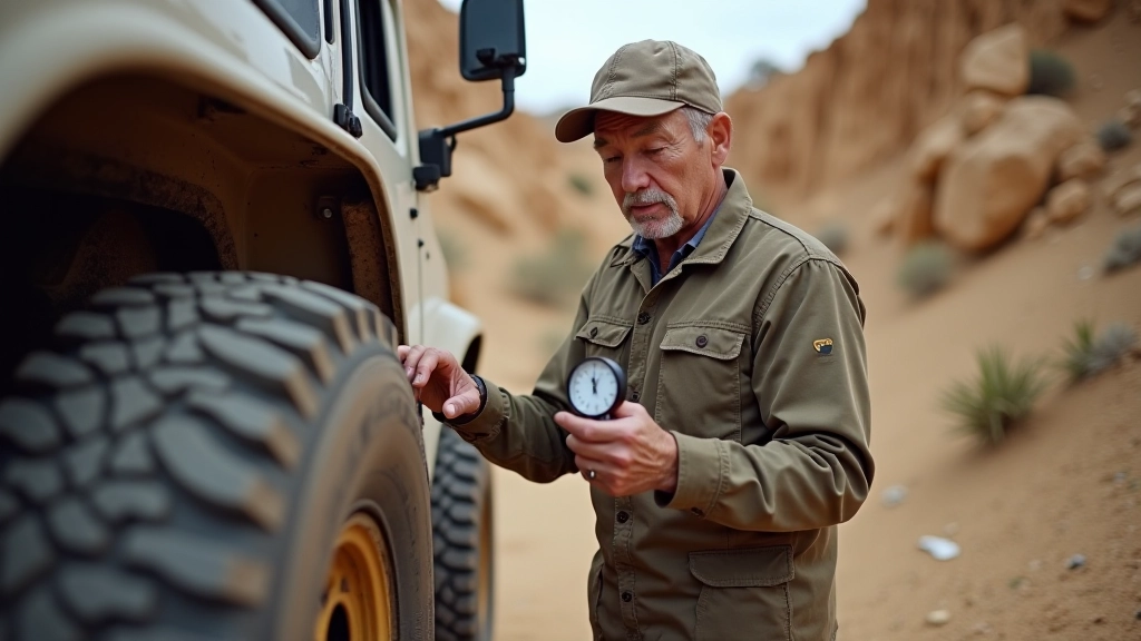 Two experienced off-road drivers performing vehicle inspection before trail drive, checking tire pressure and suspension components