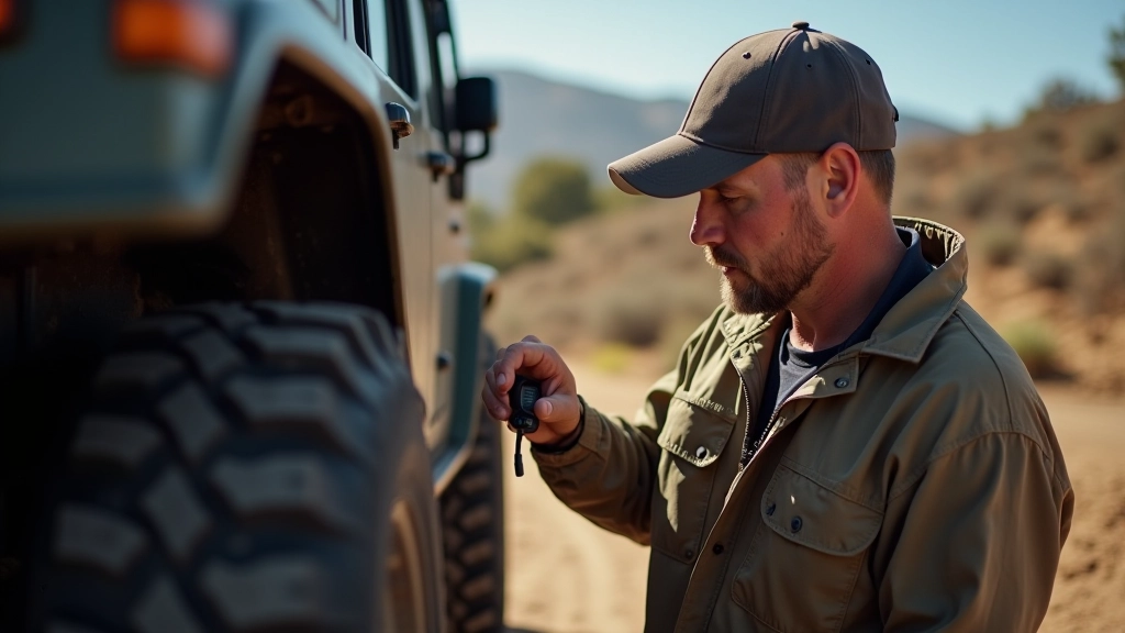 Mechanic checking and adjusting tire pressure gauge on vehicle wheel at outdoor trailhead