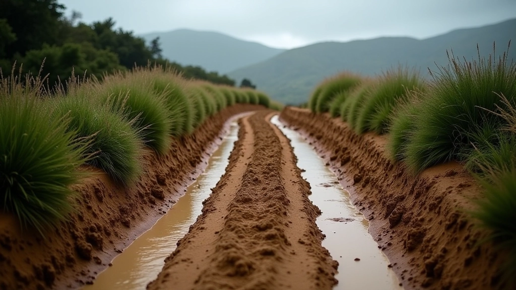 Muddy off-road track with tire tracks showing depth and consistency, vegetation on sides, overcast sky