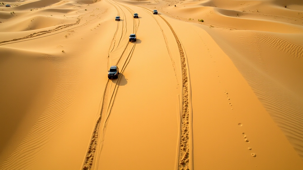 Overhead view of multiple vehicle tracks showing different line choices through sandy terrain