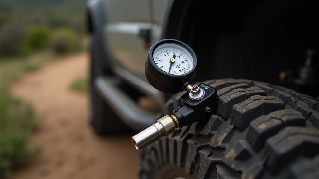 Close-up of tire pressure gauge and air valve stem showing measurement markings and proper inflation technique