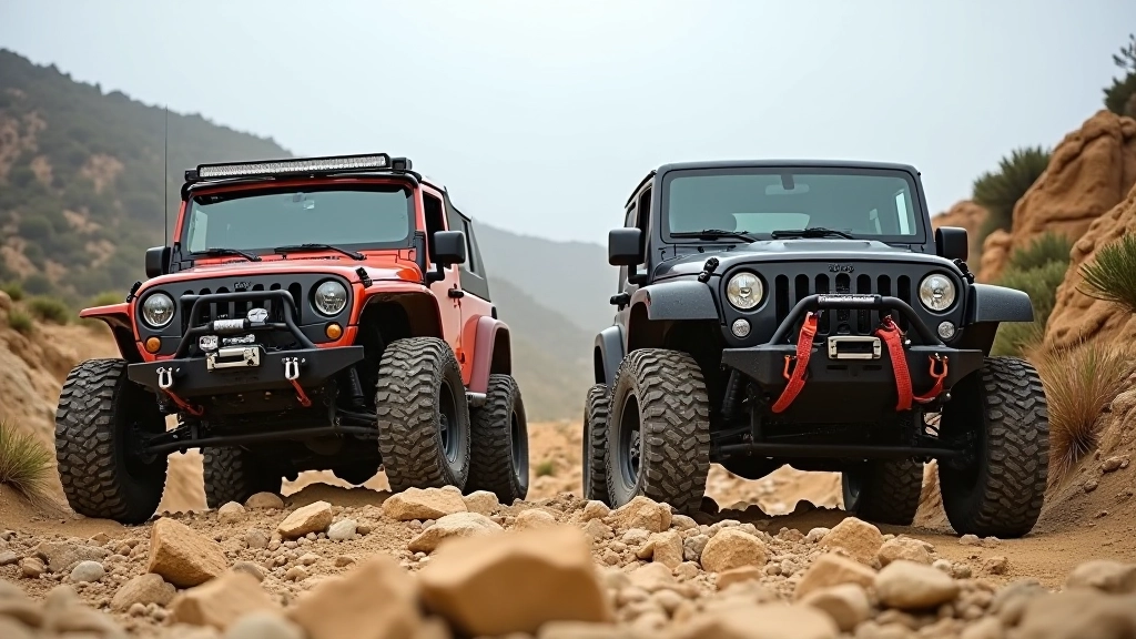 Two 4x4 vehicles positioned for recovery operation with kinetic strap between them on rocky terrain