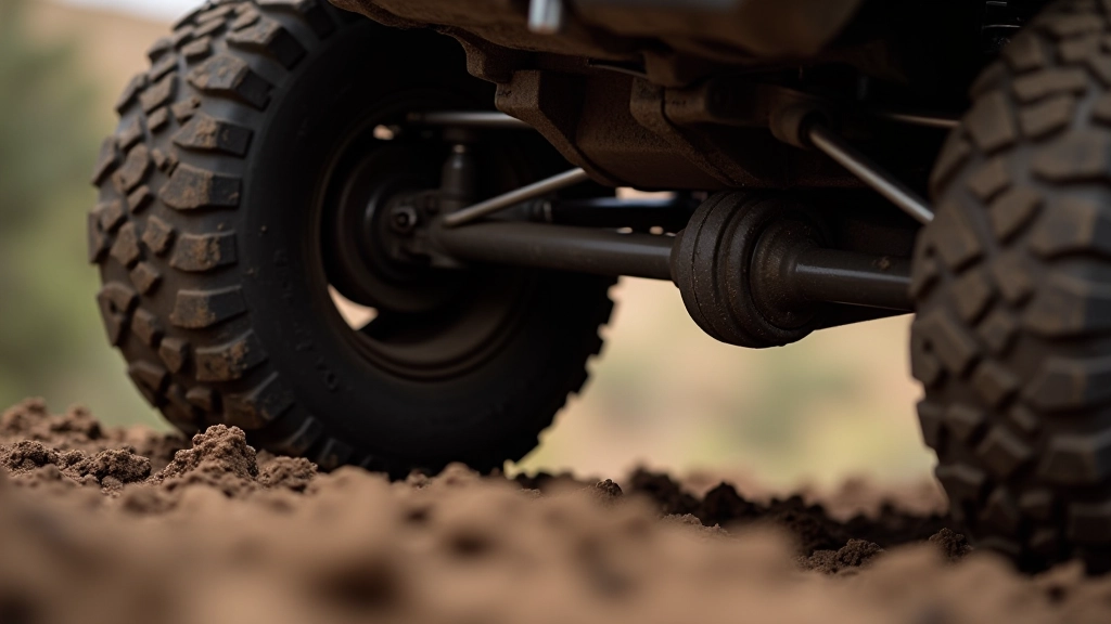 Close-up of muddy off-road vehicle suspension showing shock absorbers and undercarriage components during maintenance check